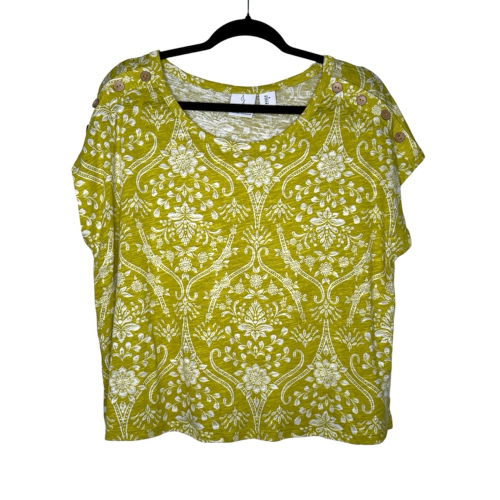 Joie women's L floral linen blend wooden buttons boxy top tropical boho costal